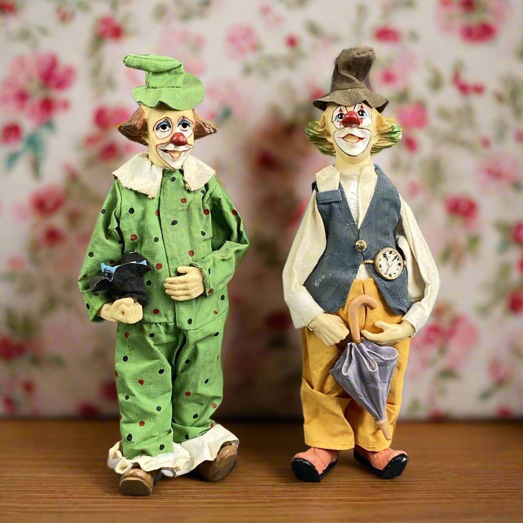 Vintage Two Clowns with Clothes, Umbrella, Hat with Bird 10.5"