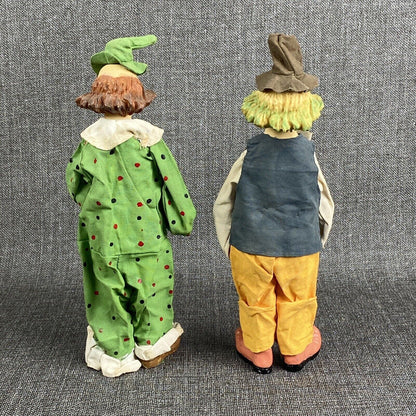 Vintage Two Clowns with Clothes, Umbrella, Hat with Bird 10.5"