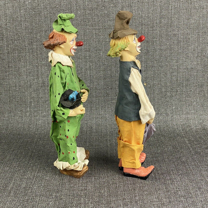 Vintage Two Clowns with Clothes, Umbrella, Hat with Bird 10.5"