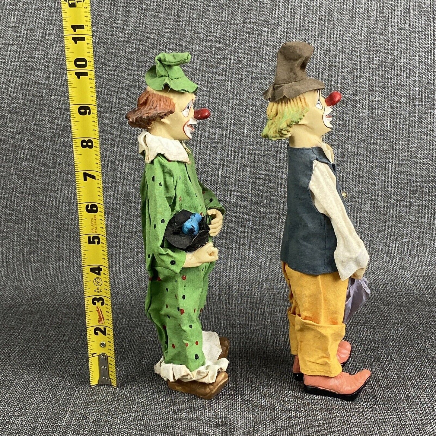 Vintage Two Clowns with Clothes, Umbrella, Hat with Bird 10.5"