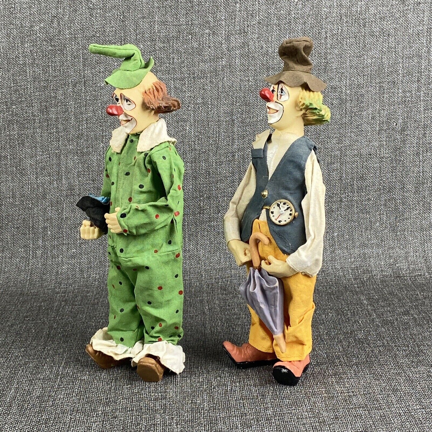 Vintage Two Clowns with Clothes, Umbrella, Hat with Bird 10.5"