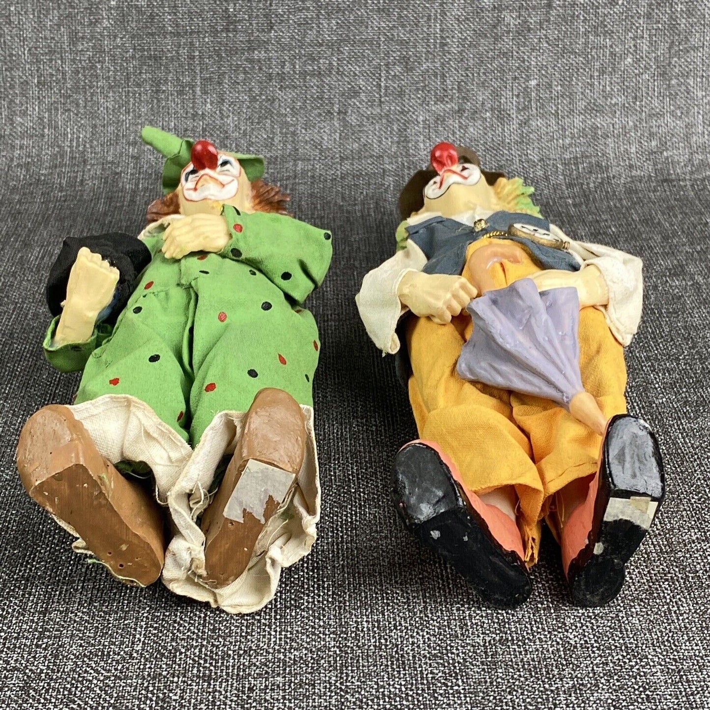 Vintage Two Clowns with Clothes, Umbrella, Hat with Bird 10.5"