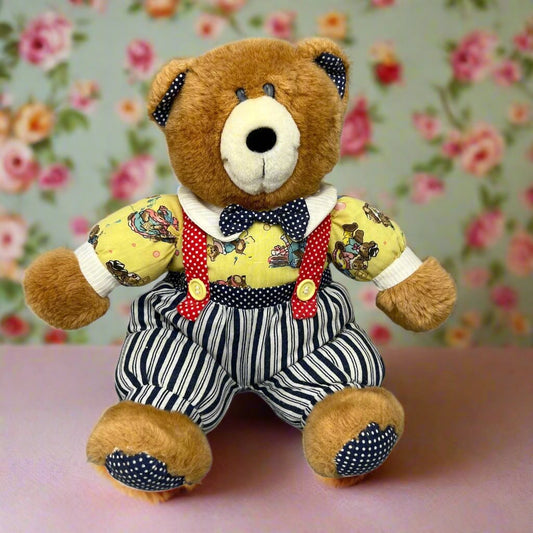 Vintage Teddy Bear in Overalls Plush Stuffed Animal