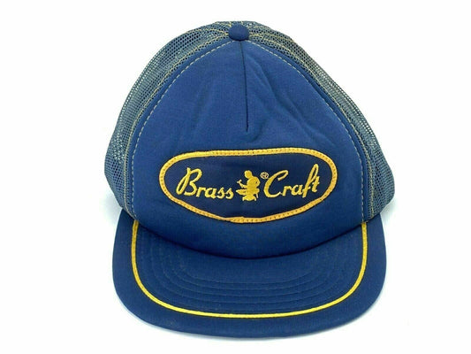 RARE Vintage 80s Brass Craft Blue Gold Lined Trucker Hat Mesh Snapback