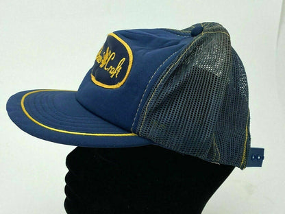 RARE Vintage 80s Brass Craft Blue Gold Lined Trucker Hat Mesh Snapback