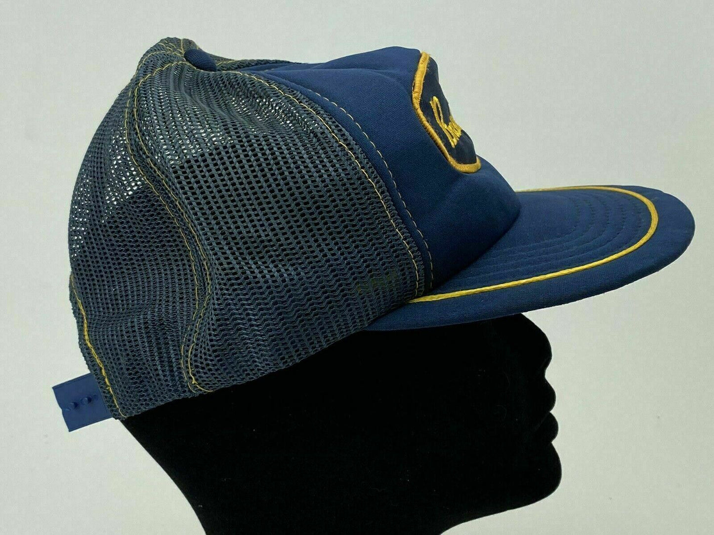 RARE Vintage 80s Brass Craft Blue Gold Lined Trucker Hat Mesh Snapback