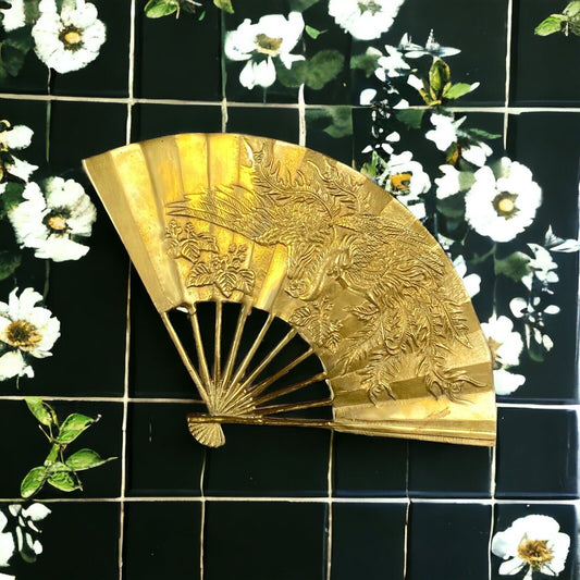 Vintage  Solid Brass Oriental Fan Phoenix Wall Art Hanging Decoration