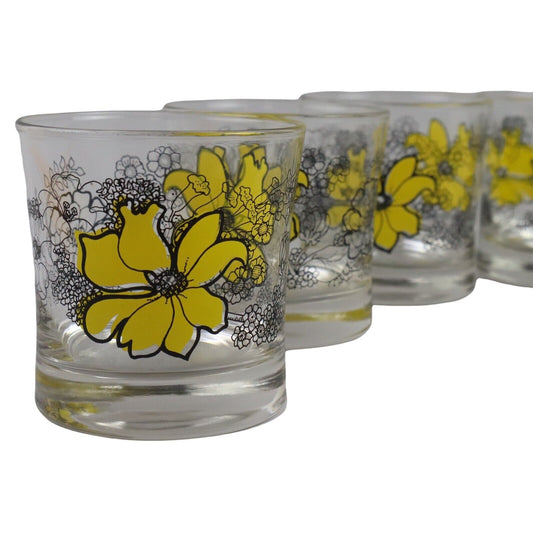 Set of 4 Drinking Glasses with Yellow Flowers