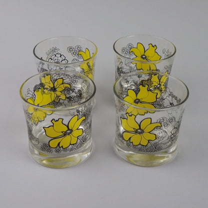 Set of 4 Drinking Glasses with Yellow Flowers