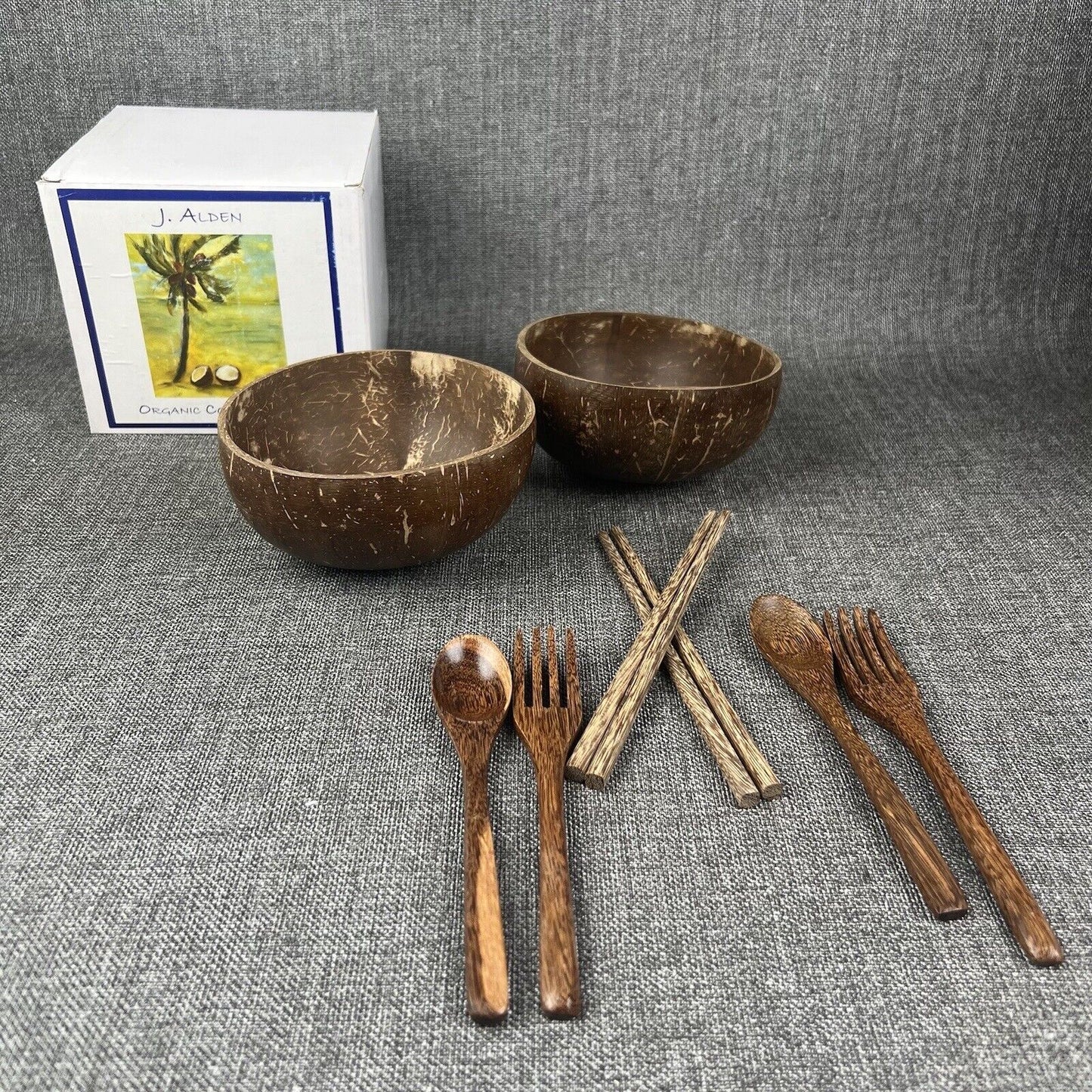 2 x Set of 2 Coconut Bowls, Spoons, and Chopsticks 100% Natural (Total 4 bowls)