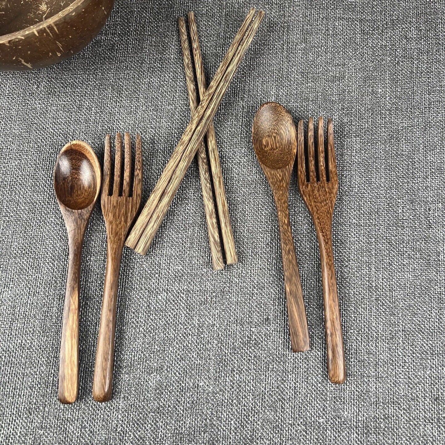 2 x Set of 2 Coconut Bowls, Spoons, and Chopsticks 100% Natural (Total 4 bowls)