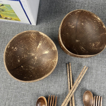 2 x Set of 2 Coconut Bowls, Spoons, and Chopsticks 100% Natural (Total 4 bowls)