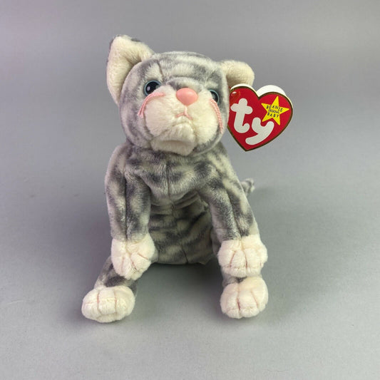 Vintage TY The Original Beanie Baby Silver Cat Plush with Tags - 6", Near mint