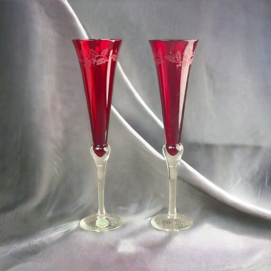 Lenox Glass Holiday Champagne/Wine Flute Goblet Ruby Red Sand Carved Holly Berry