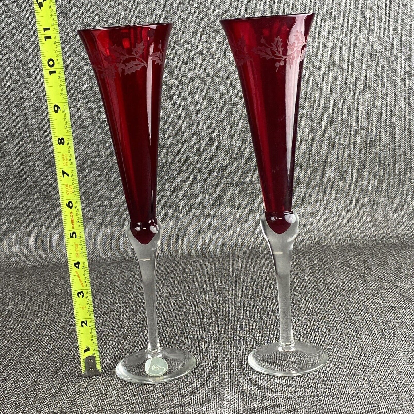 Lenox Glass Holiday Champagne/Wine Flute Goblet Ruby Red Sand Carved Holly Berry