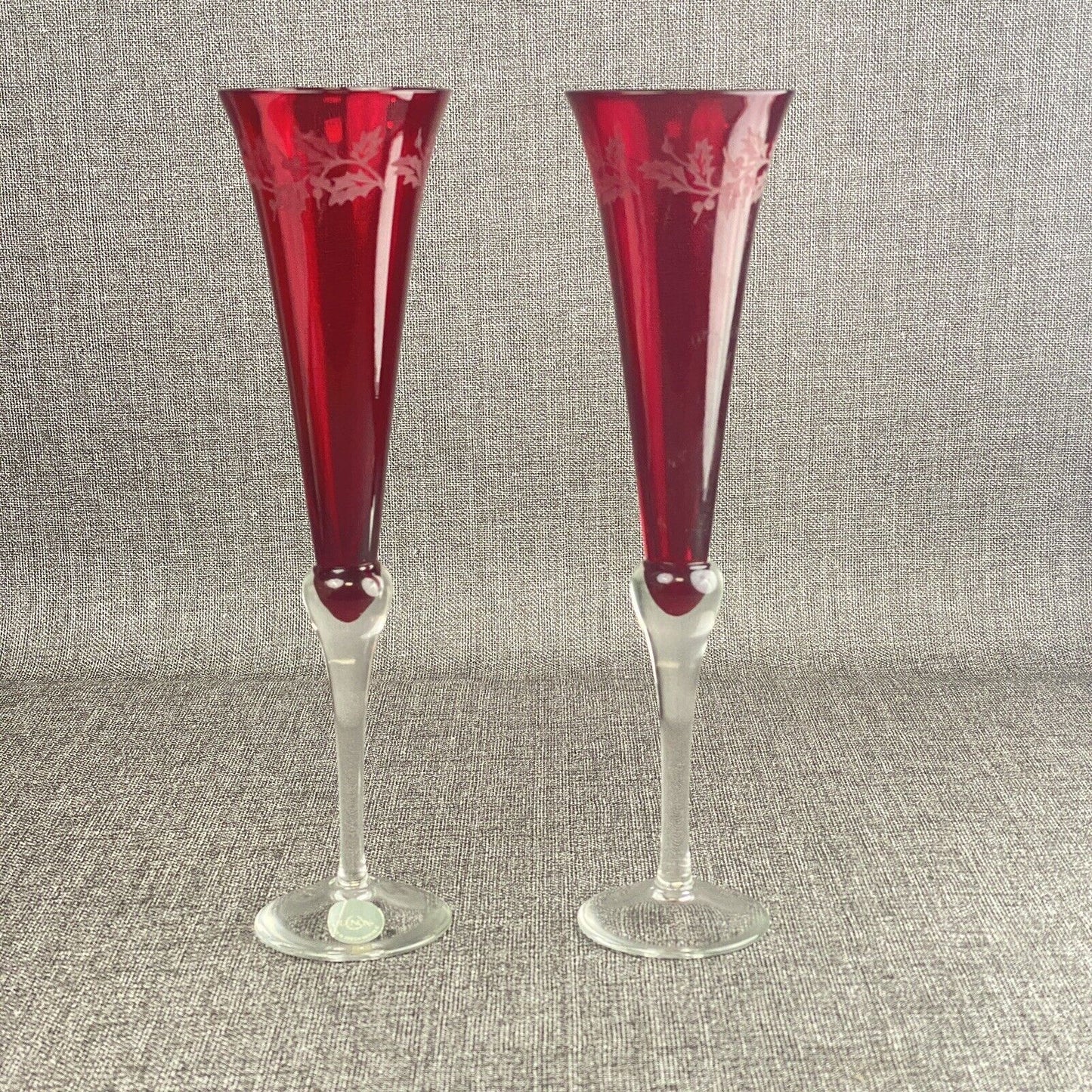 Lenox Glass Holiday Champagne/Wine Flute Goblet Ruby Red Sand Carved Holly Berry