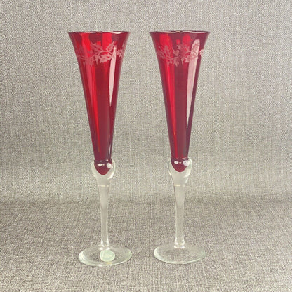 Lenox Glass Holiday Champagne/Wine Flute Goblet Ruby Red Sand Carved Holly Berry