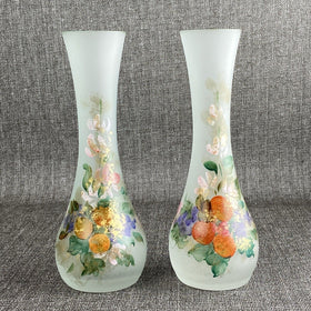 Linea Gipar Frosted Hand-Painted Blown Glass Vase Pair, Italy Signed by Artist
