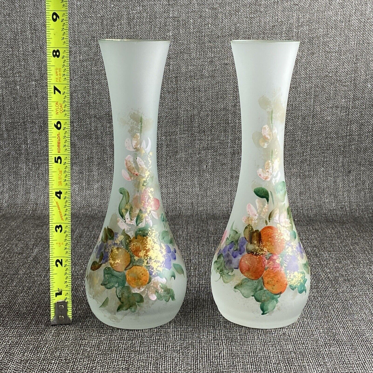 Linea Gipar Frosted Hand-Painted Blown Glass Vase Pair, Italy Signed by Artist