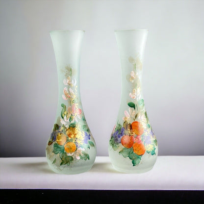 Linea Gipar Frosted Hand-Painted Blown Glass Vase Pair, Italy Signed by Artist