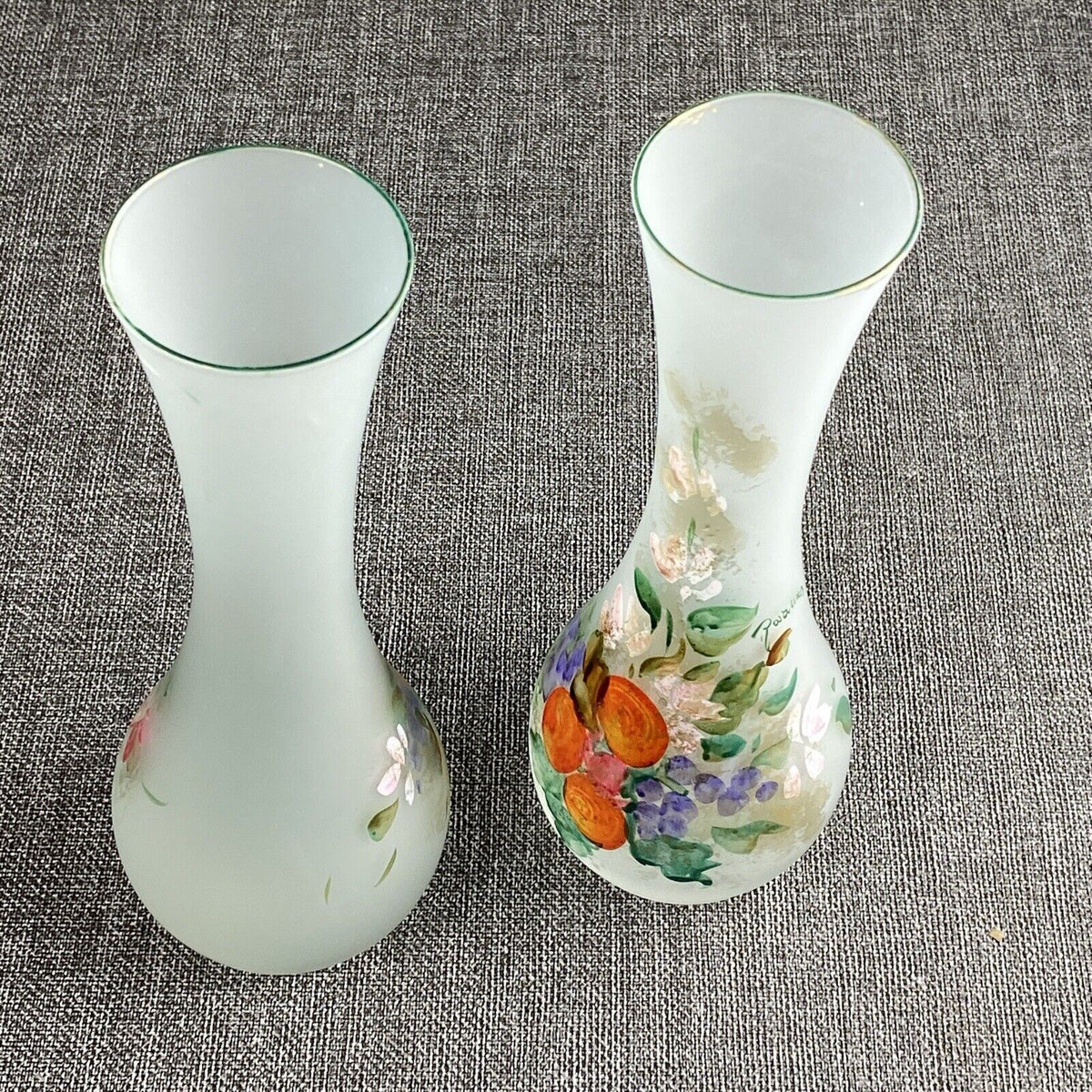 Linea Gipar Frosted Hand-Painted Blown Glass Vase Pair, Italy Signed by Artist