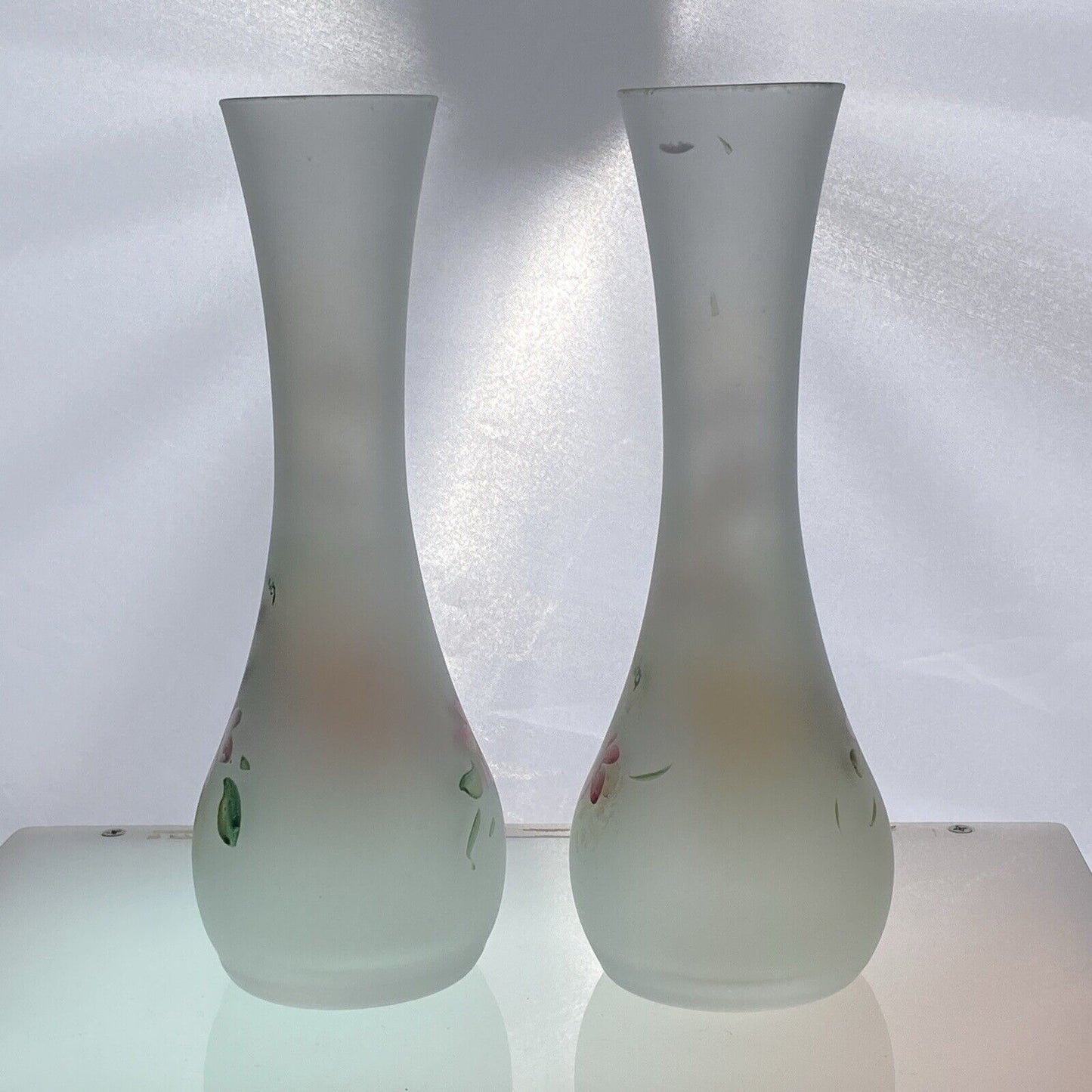 Linea Gipar Frosted Hand-Painted Blown Glass Vase Pair, Italy Signed by Artist