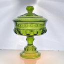 Vintage Green Indiana Glass Kings Crown Thumbprint Compote with Lid 7"