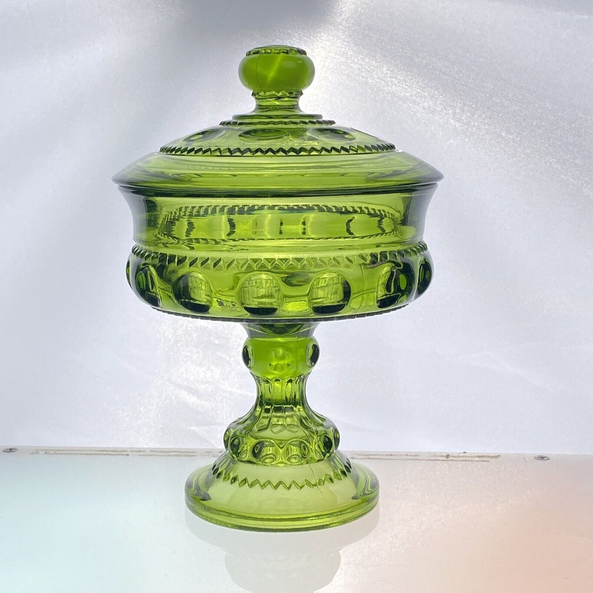 Vintage Green Indiana Glass Kings Crown Thumbprint Compote with Lid 7"