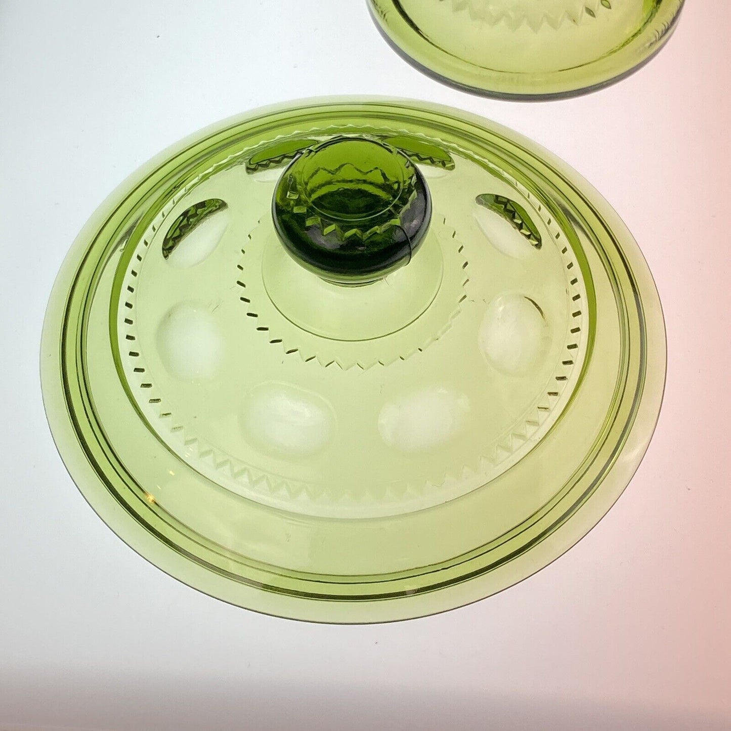 Vintage Green Indiana Glass Kings Crown Thumbprint Compote with Lid 7"