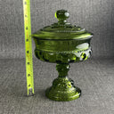 Vintage Green Indiana Glass Kings Crown Thumbprint Compote with Lid 7"