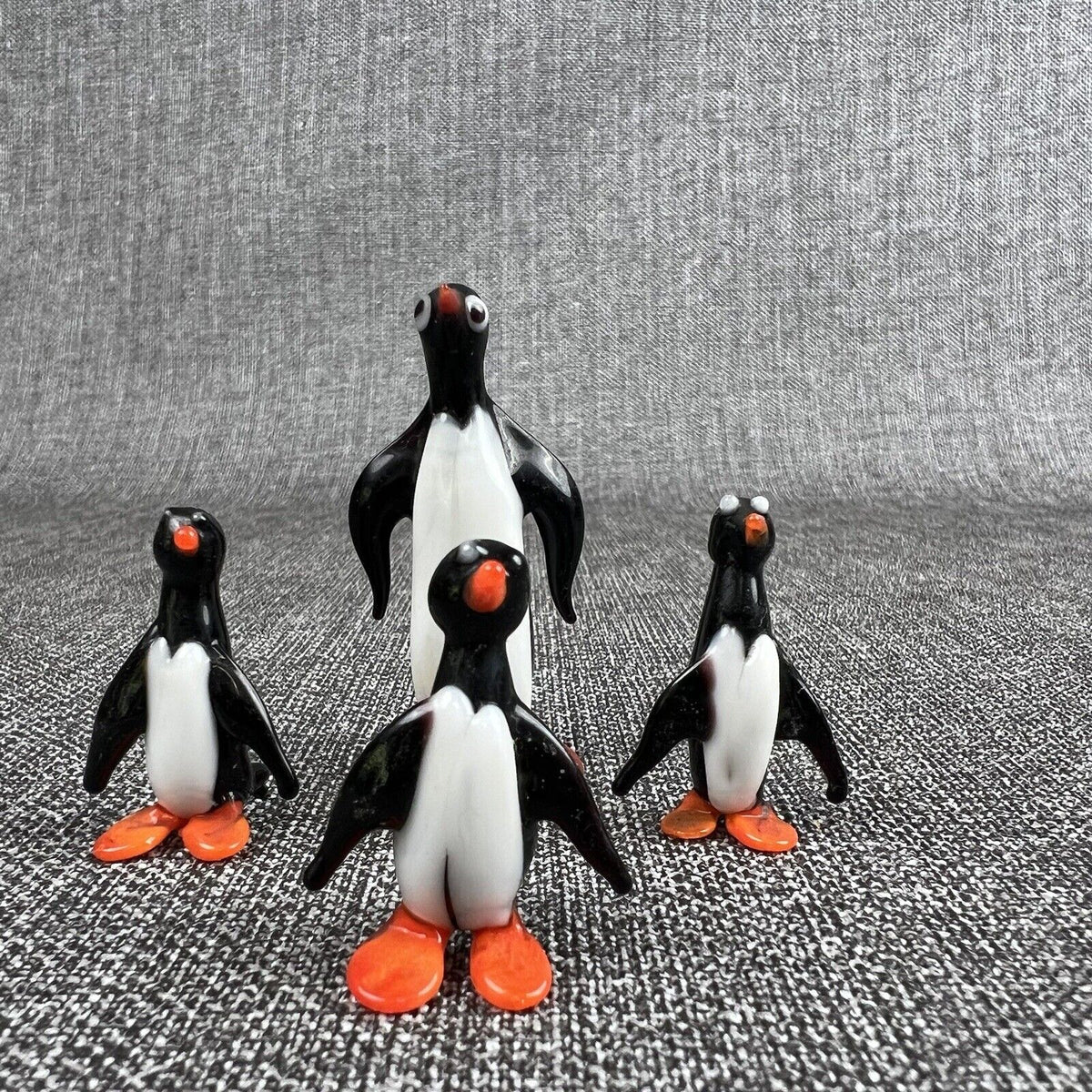 Lampwork Glass Miniature Penguin 2"  and 1.5" Tall Set of 4