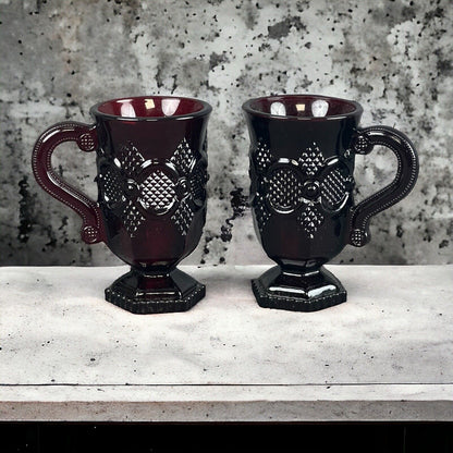 Avon 1876 Cape Cod Collection Ruby Red Glassware Foot Pedestal Mugs Set of 2