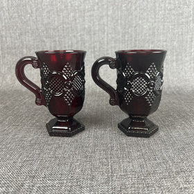 Avon 1876 Cape Cod Collection Ruby Red Glassware Foot Pedestal Mugs Set of 2