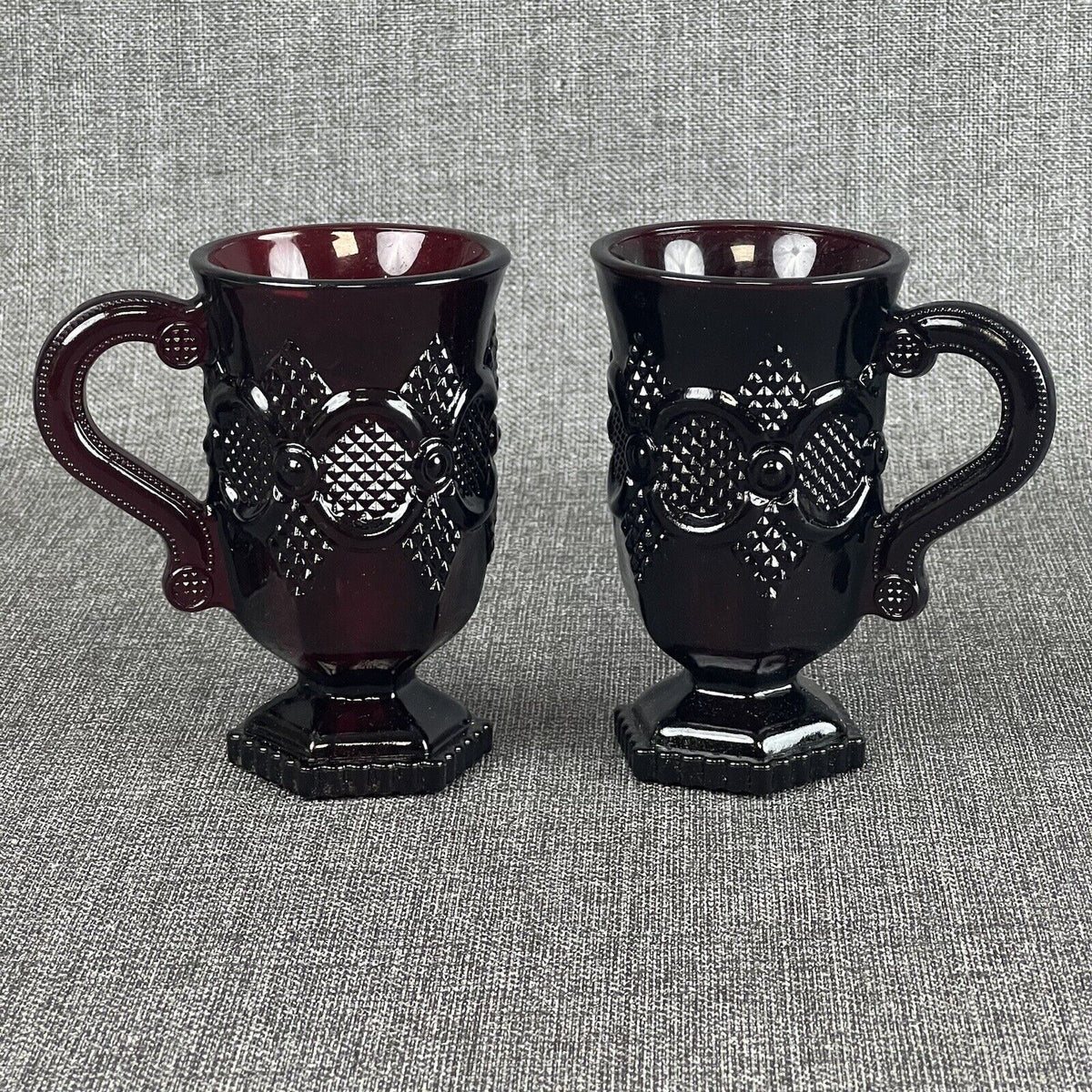 Avon 1876 Cape Cod Collection Ruby Red Glassware Foot Pedestal Mugs Set of 2