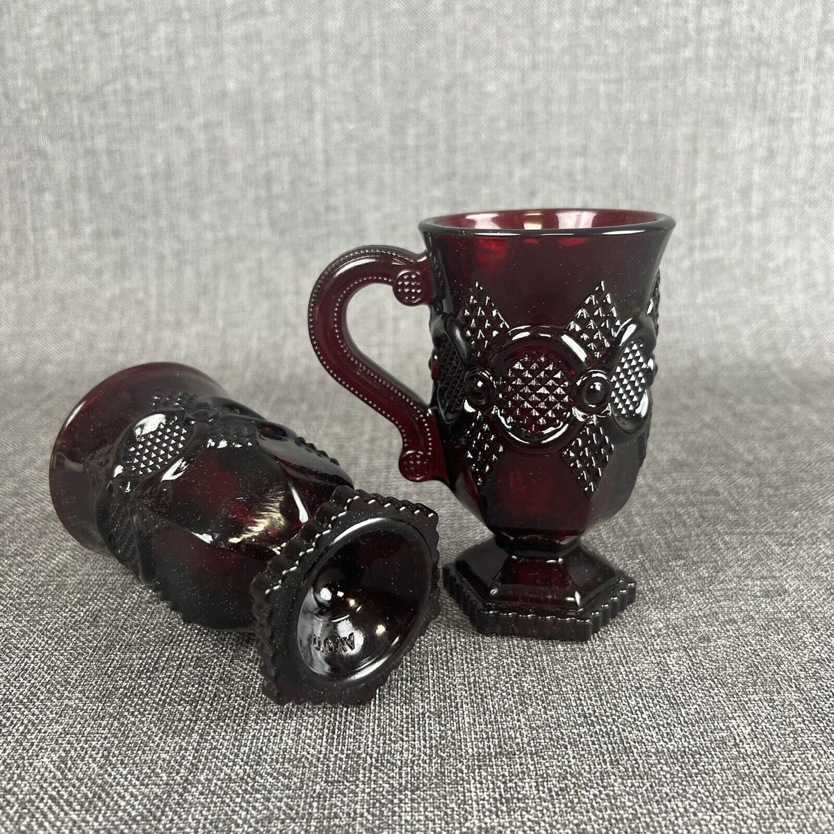 Avon 1876 Cape Cod Collection Ruby Red Glassware Foot Pedestal Mugs Set of 2