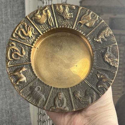 Vintage Chinese Zodiac Astrological Brass Ashtray Bowl Made In Korea 5 1/2 Inch