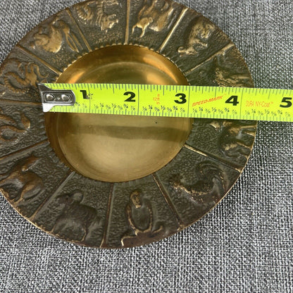 Vintage Chinese Zodiac Astrological Brass Ashtray Bowl Made In Korea 5 1/2 Inch