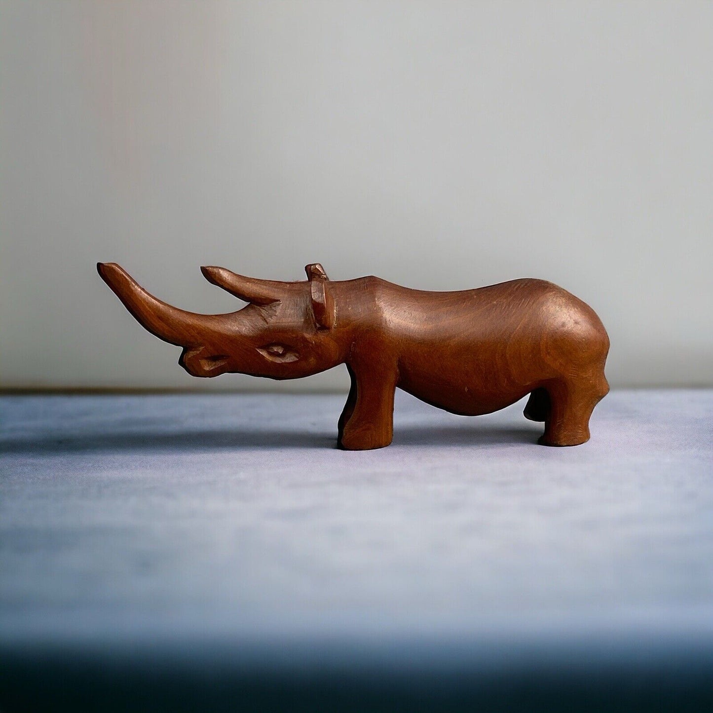 Wooden Rhinoceros Vintage Figurine 8” Long