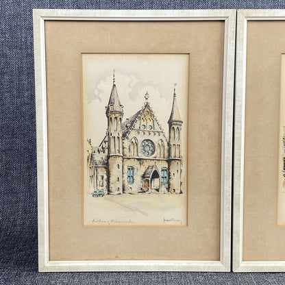 Beautiful!! NETHERLANDS SIGNED The Hague Watercolor Binnerhof Ridderzaal (READ)