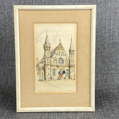 Beautiful!! NETHERLANDS SIGNED The Hague Watercolor Binnerhof Ridderzaal (READ)