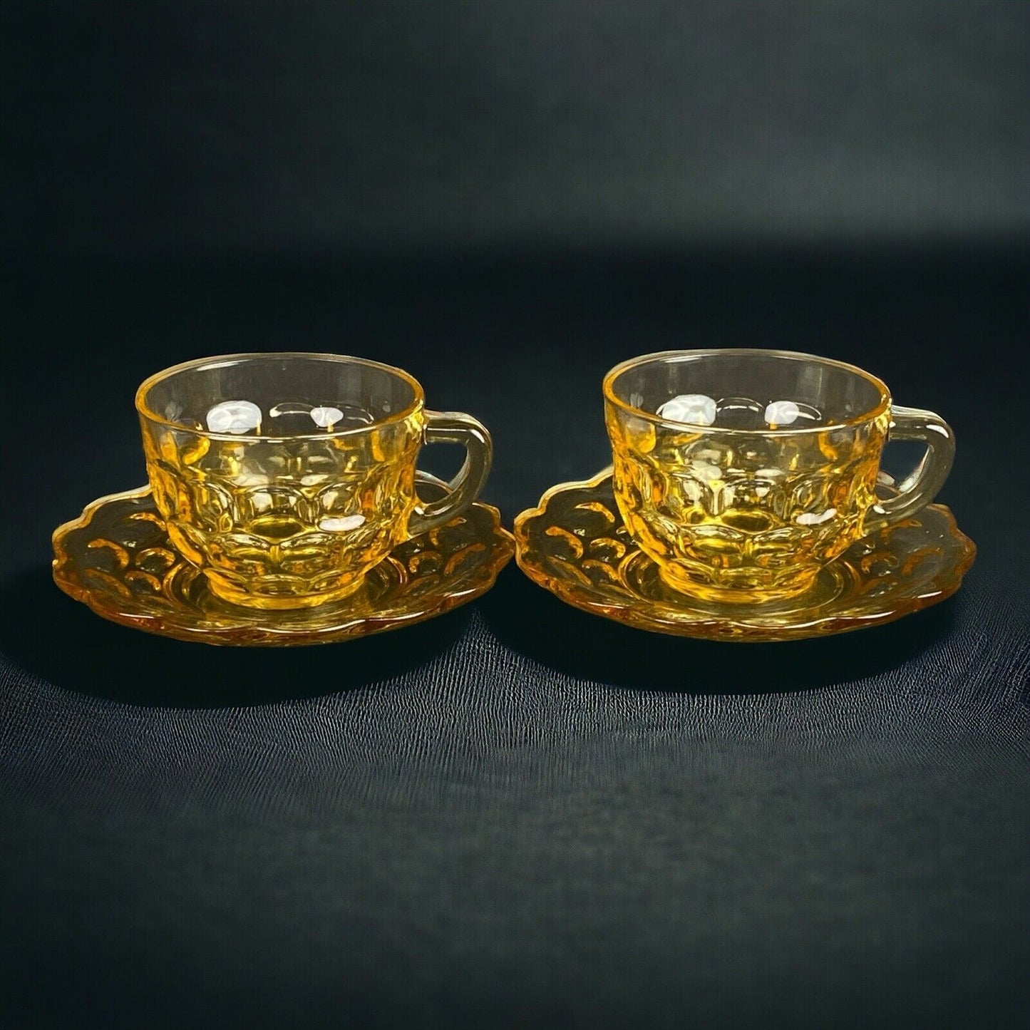 2 - Federal Glass Gold Amber Colonial Yorktown Cup And Saucer