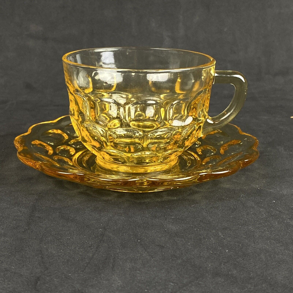 2 - Federal Glass Gold Amber Colonial Yorktown Cup And Saucer