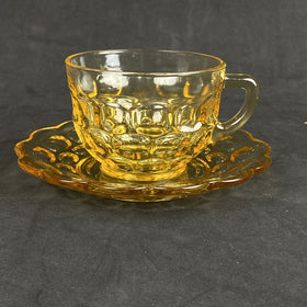 2 - Federal Glass Gold Amber Colonial Yorktown Cup And Saucer