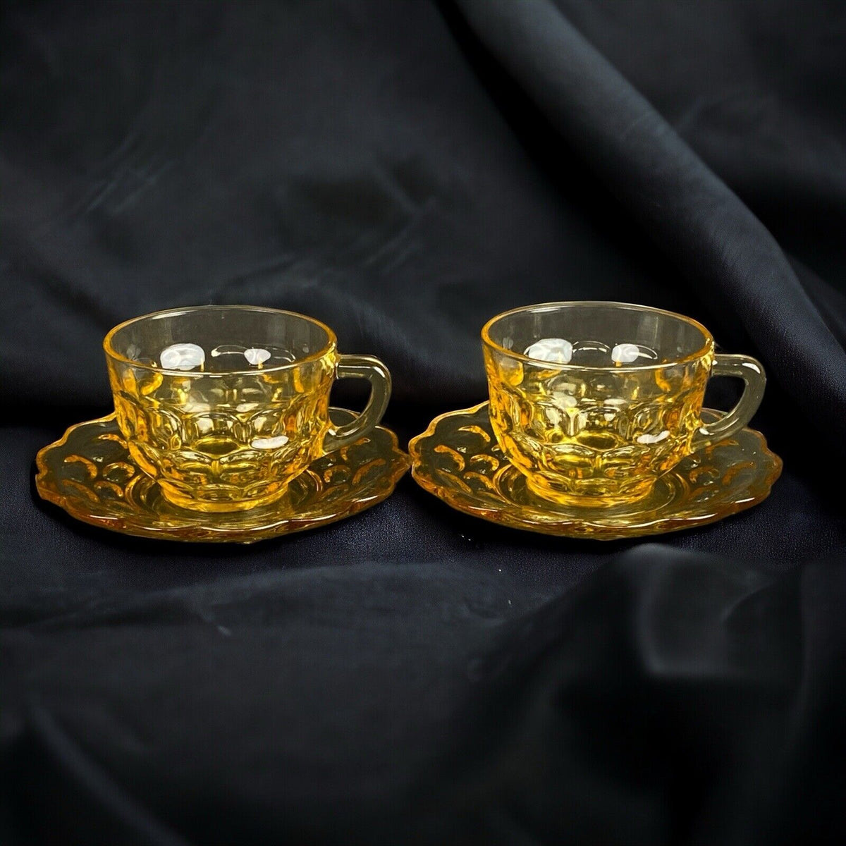 2 - Federal Glass Gold Amber Colonial Yorktown Cup And Saucer