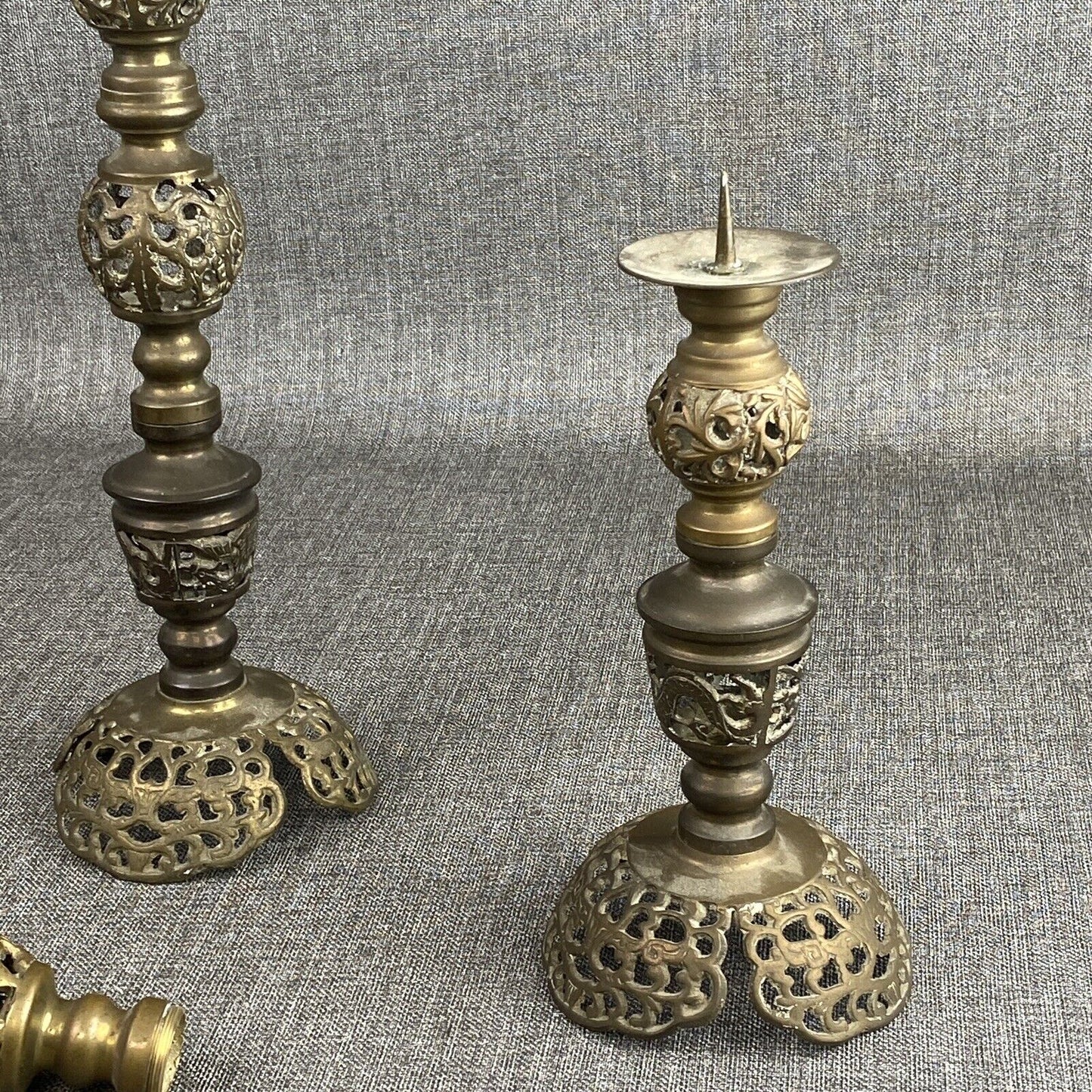 Vintage Dragon Brass 4 Section Pillar Candlesticks Adjustable 5.5", 9.5", 14"