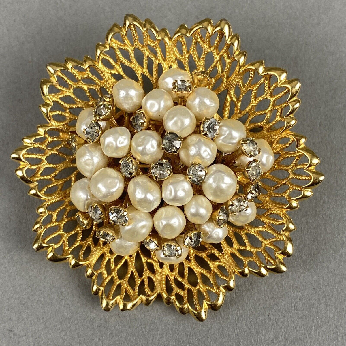 Vintage Signed BOUCHER Faux Pearl & Rhinestone Dimensional Brooch