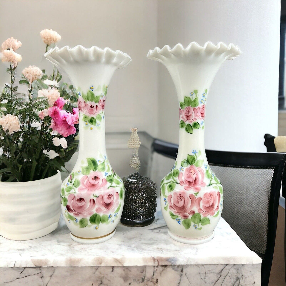 Pair of Milk Glass Vases Standing 10" White Handpainted Ruffled Top (Fenton?)