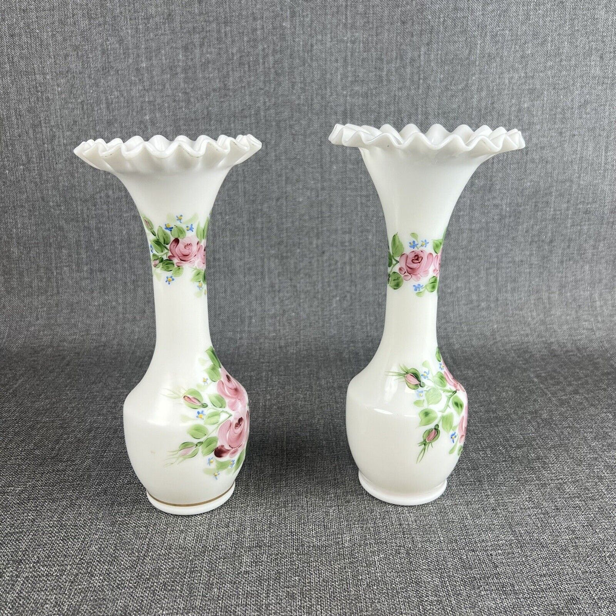 Pair of Milk Glass Vases Standing 10" White Handpainted Ruffled Top (Fenton?)