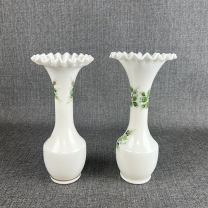 Pair of Milk Glass Vases Standing 10" White Handpainted Ruffled Top (Fenton?)