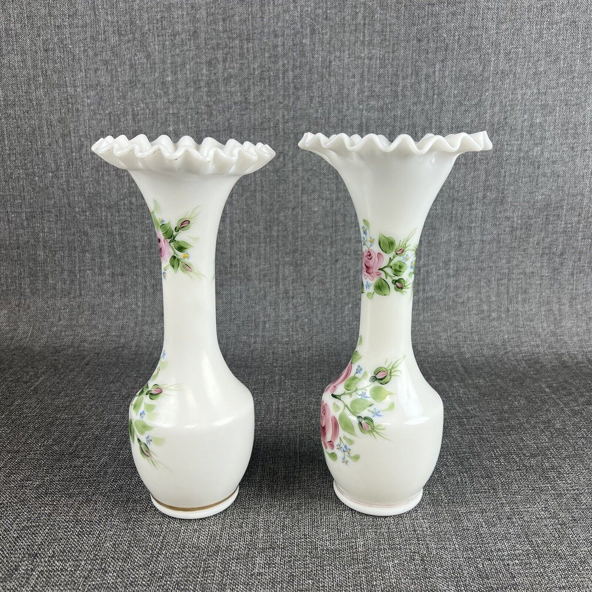 Pair of Milk Glass Vases Standing 10" White Handpainted Ruffled Top (Fenton?)